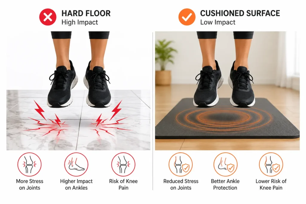 Safe indoor skipping rope surface setup for protecting knees and ankles