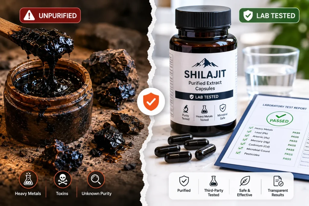 Raw unpurified shilajit compared against tested purified shilajit supplement products