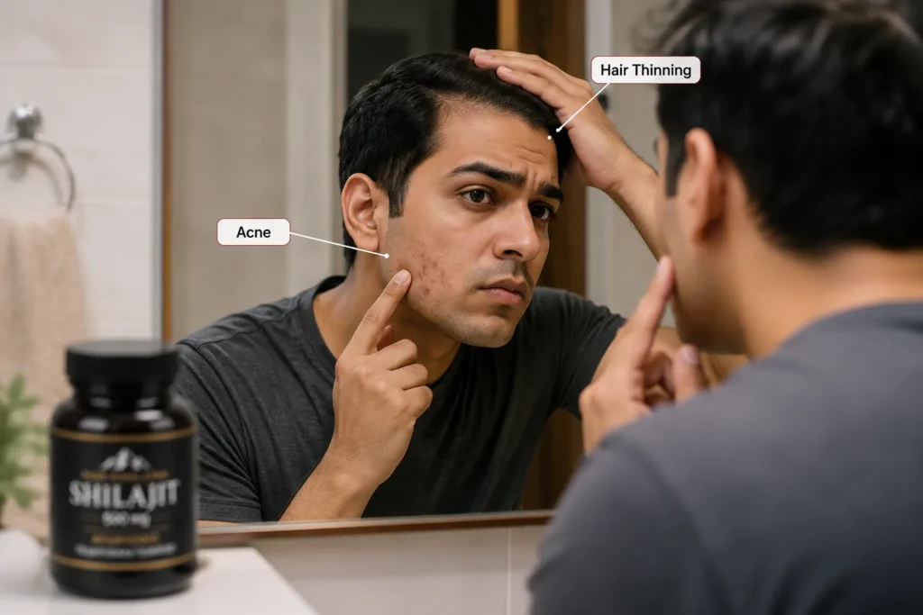 Acne and hair thinning side effects linked to shilajit testosterone increase