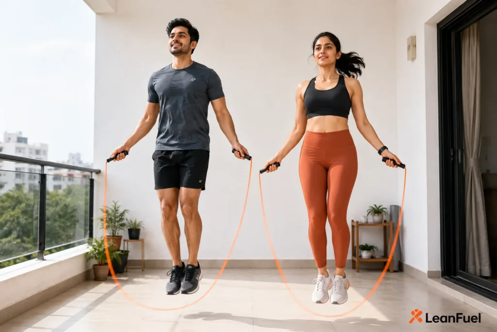 Indian adults skipping rope indoors for weight loss cardio workout