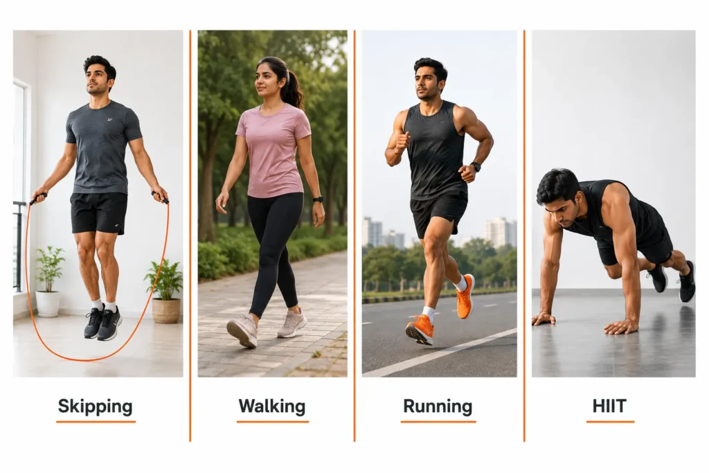 Skipping rope compared with walking running and HIIT exercises