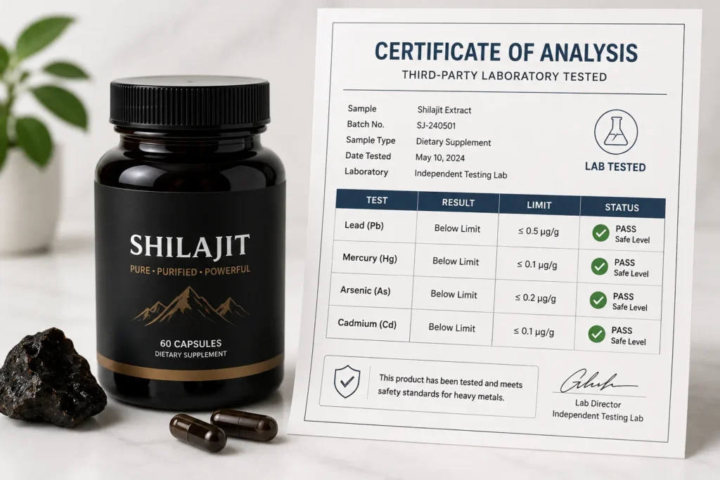 Lab-tested purified shilajit supplement beside heavy metal safety report