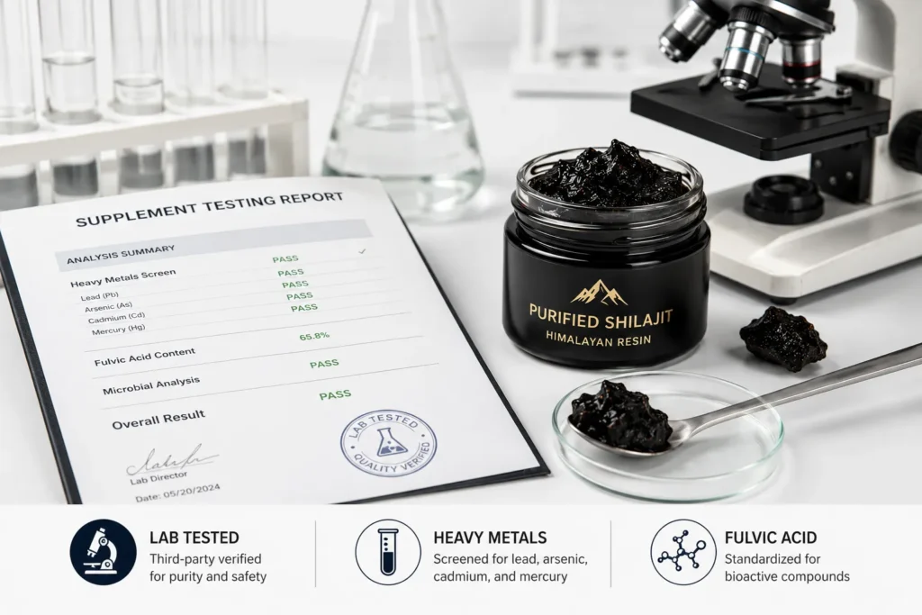 Lab-tested purified shilajit beside supplement safety verification report