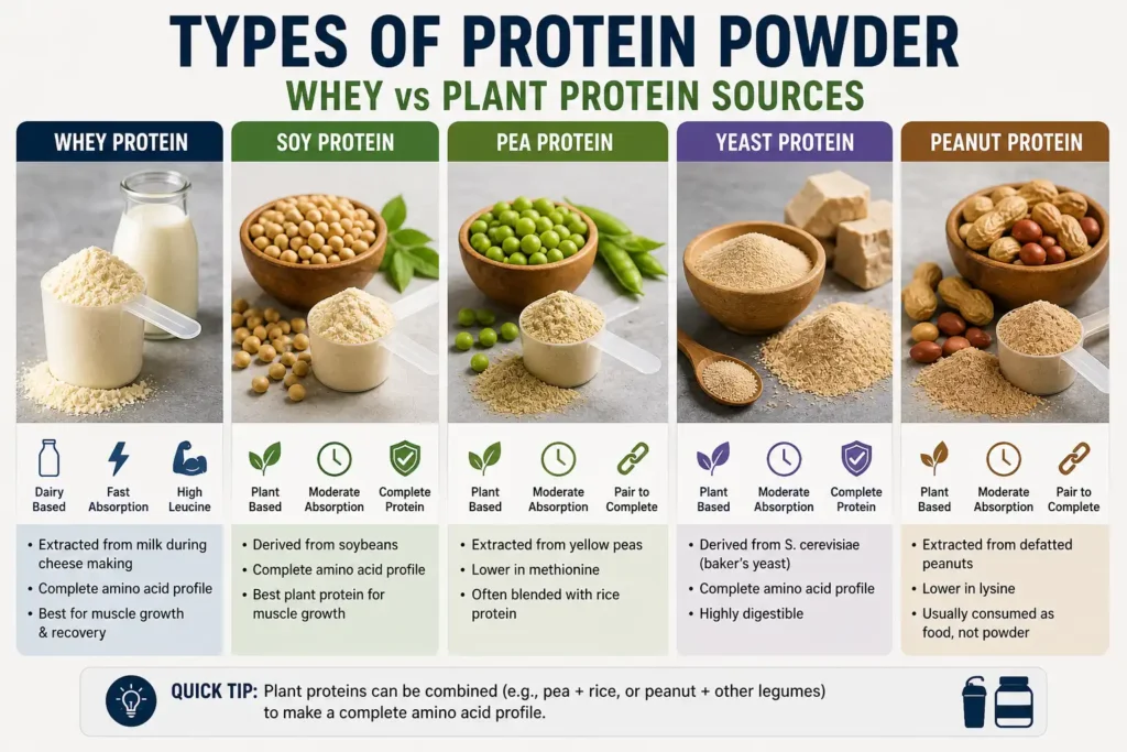 types of protein powder whey soy pea yeast peanut comparison