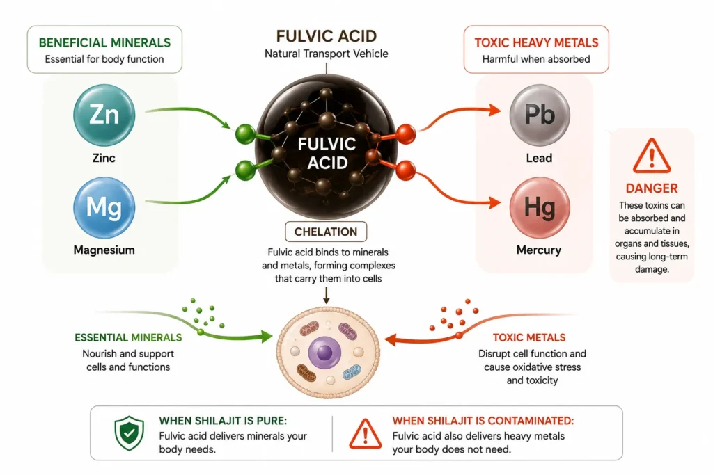 Fulvic acid transporting both beneficial minerals and toxic heavy metals