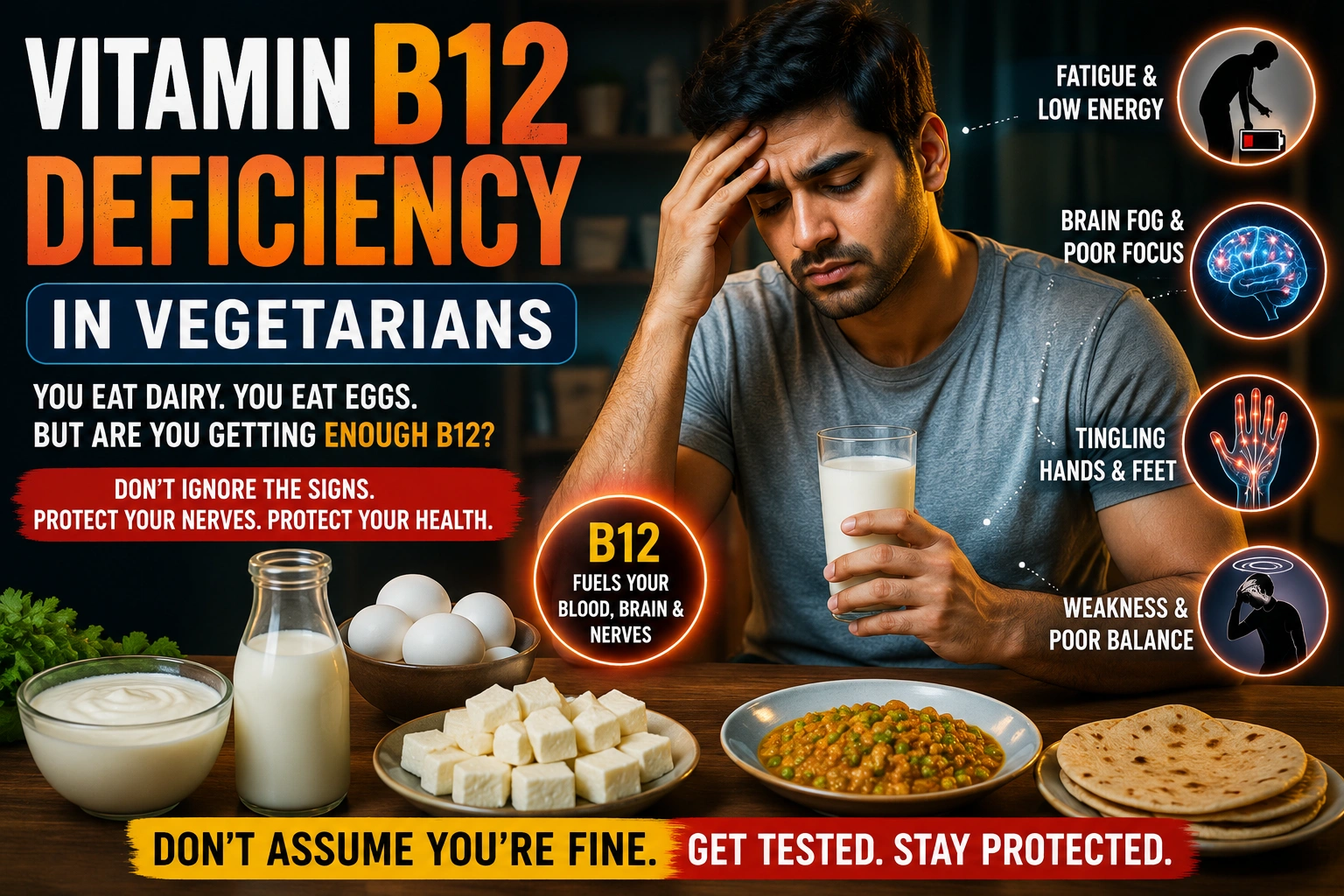 Indian vegetarian showing vitamin B12 deficiency warning symptoms