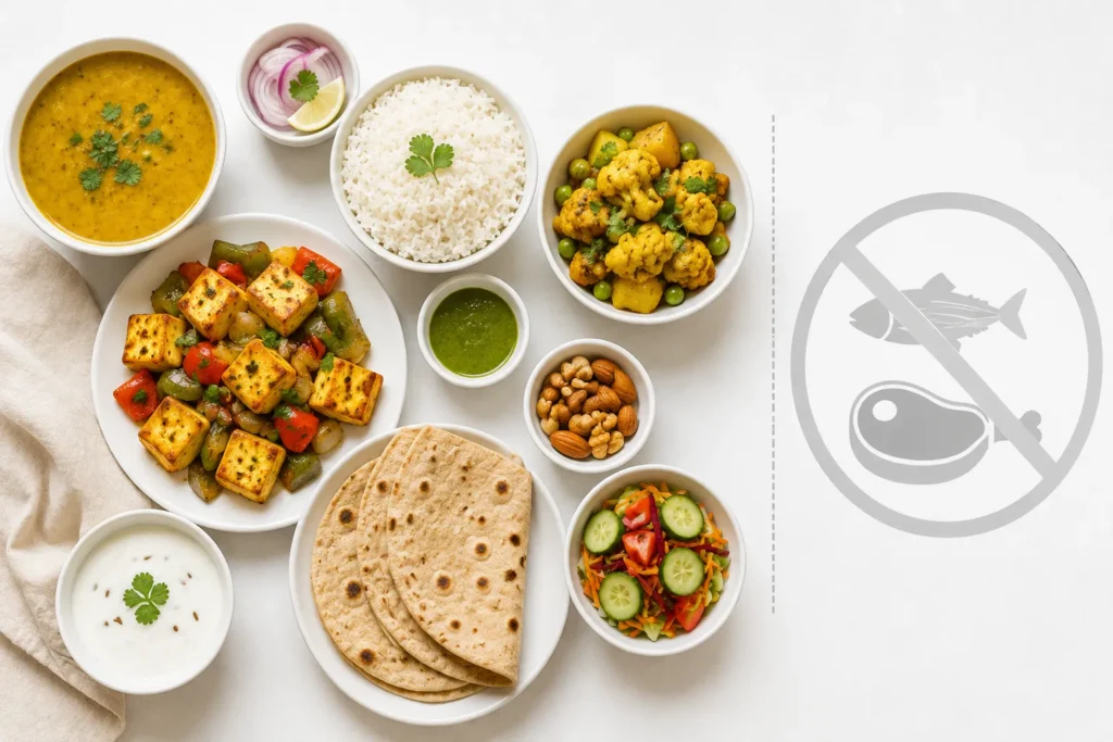 Vegetarian Indian meals shown beside low dietary creatine sources