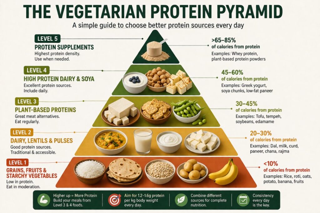 Vegetarian protein pyramid showing high and low protein foods