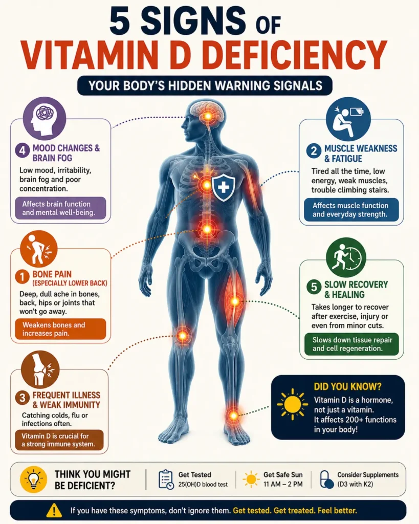 Body map showing common vitamin D deficiency symptom locations