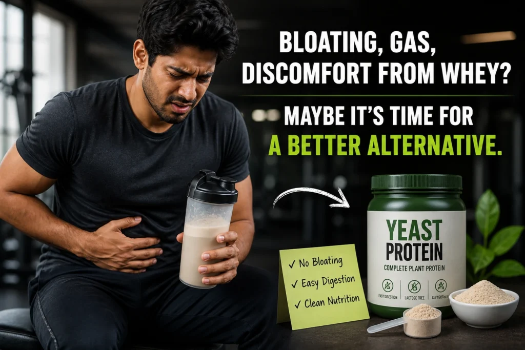 man experiencing bloating from whey protein looking for alternatives