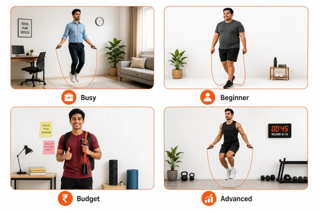 Different Indian fitness levels using skipping rope for fat loss