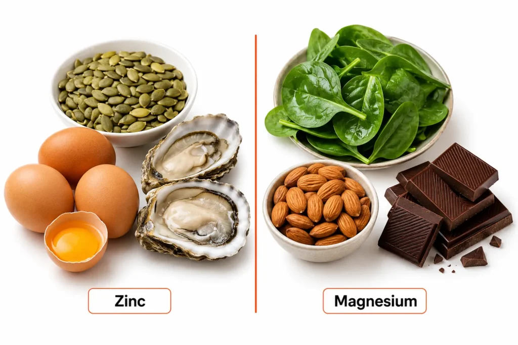 Zinc and magnesium rich foods arranged side by side on white