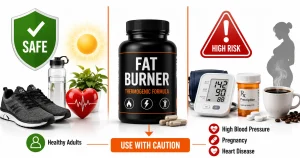 Fat burner supplement beside safety and warning indicators