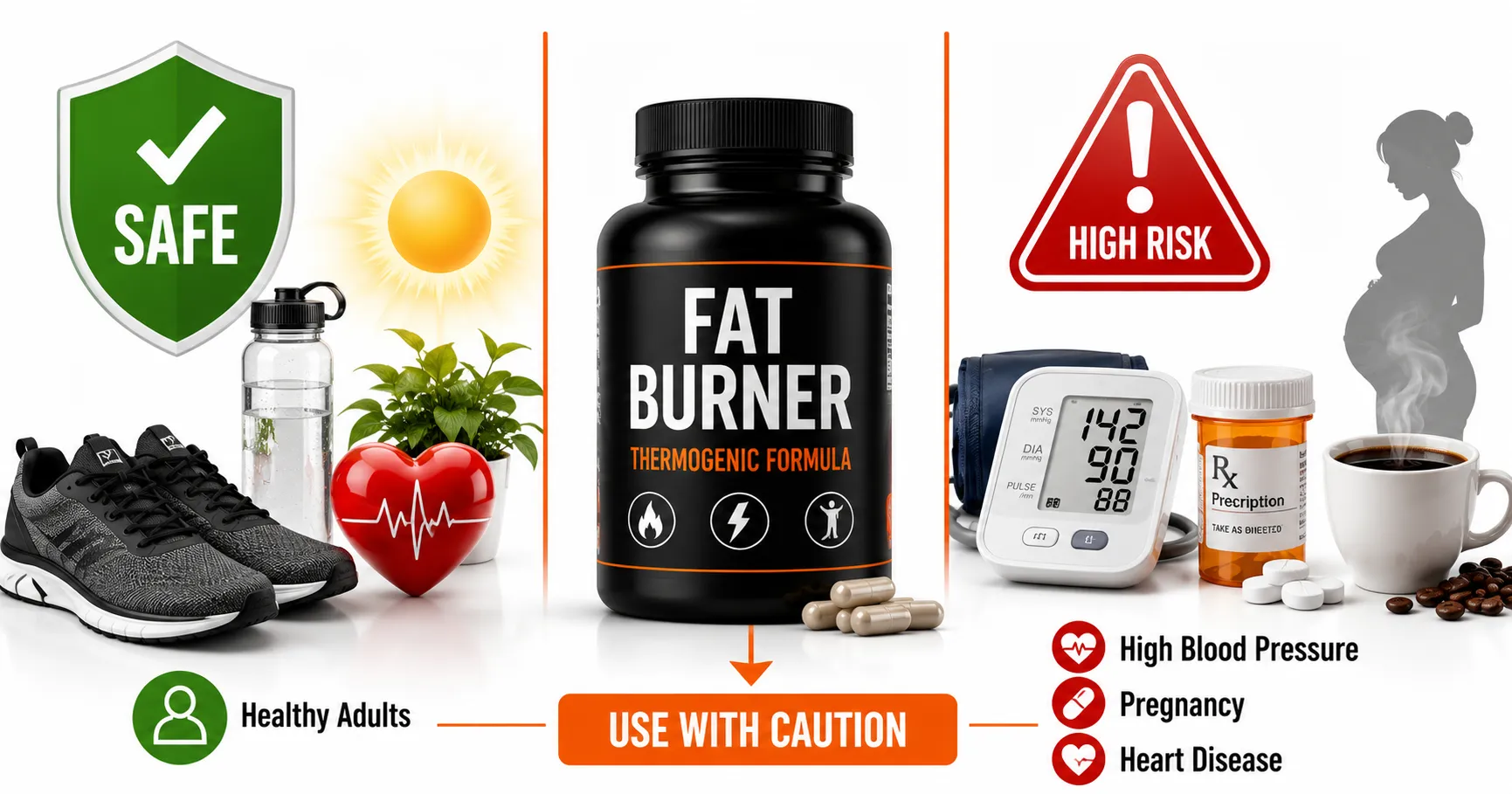 Fat burner supplement beside safety and warning indicators