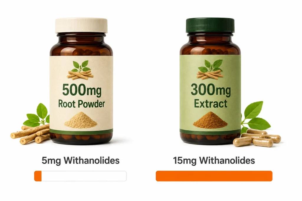 Ashwagandha root powder and extract potency compared visually