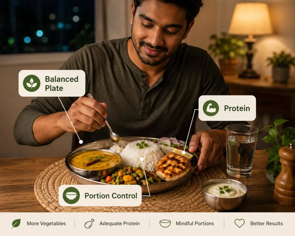Balanced Indian dinner with rice vegetables and protein