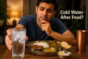 Ayurvedic digestive fire concept with traditional Indian meal and copper water vessel