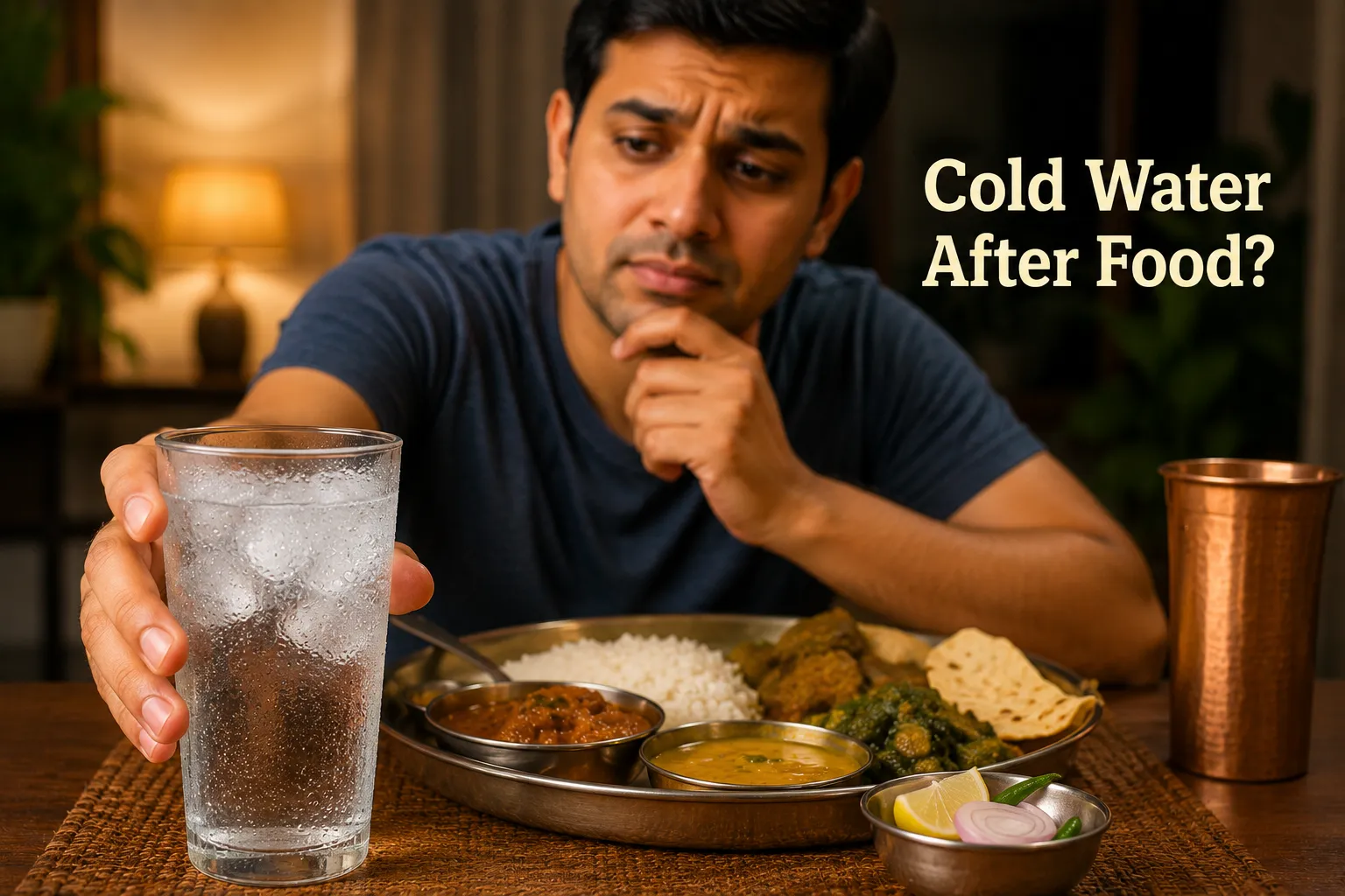 Ayurvedic digestive fire concept with traditional Indian meal and copper water vessel