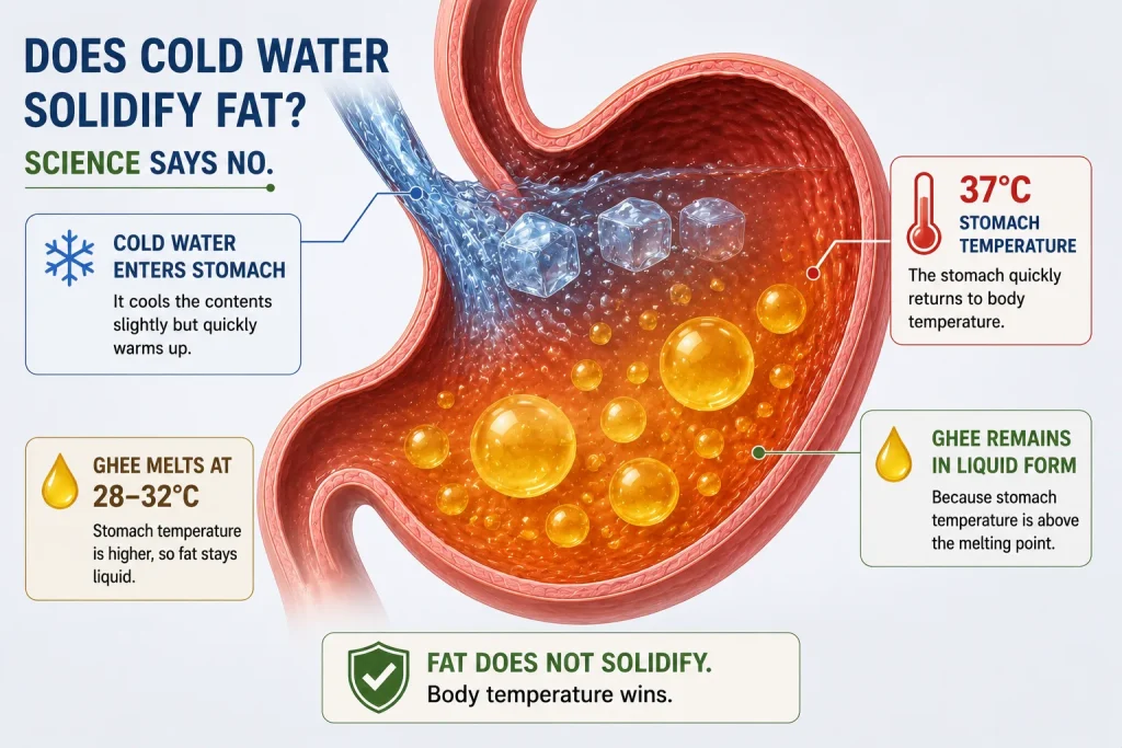 Cross-section stomach illustration showing cold water and liquid ghee remaining melted