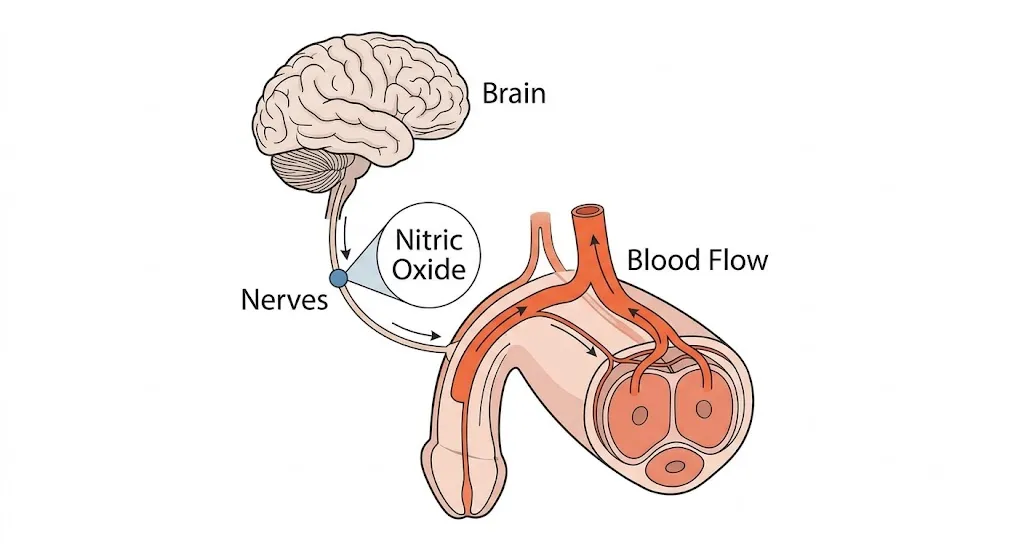 Diagram showing blood flow process involved in erections