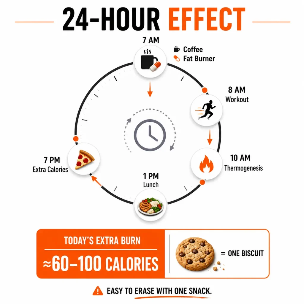 Twenty four hour timeline showing the daily effect of a fat burner