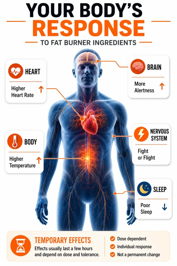 Human body diagram showing stimulant effects from fat burners