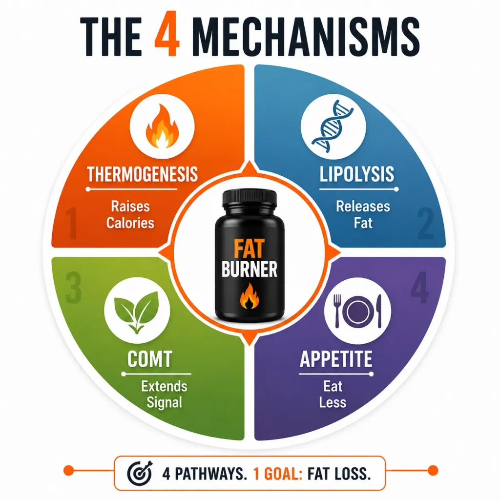 Wheel diagram showing the four mechanisms behind fat burners