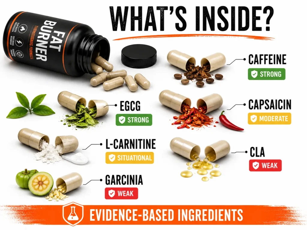 Fat burner ingredients displayed outside opened capsules with evidence ratings