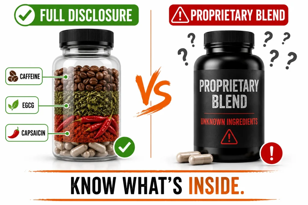 Transparent fat burner bottle compared with proprietary blend supplement