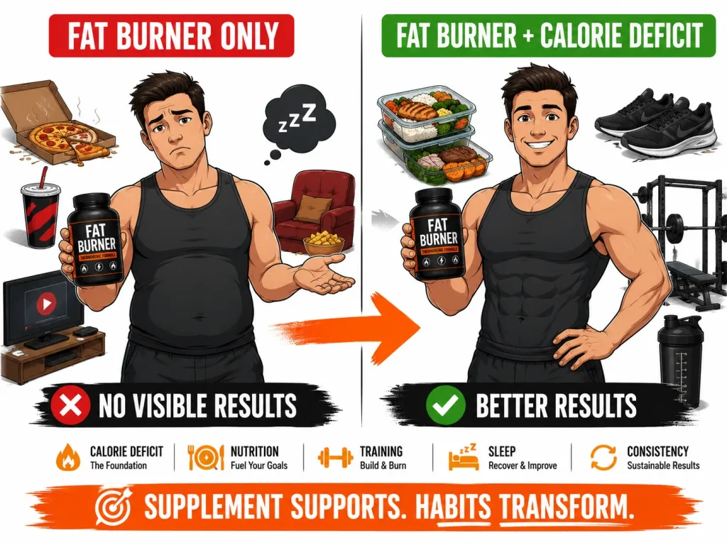 Comparison showing fat burner alone versus fat burner with calorie deficit