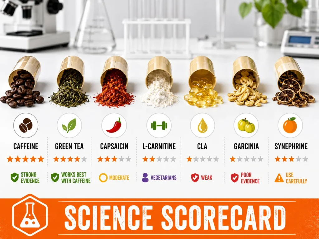 Scientific scorecard comparing ingredients commonly found in fat burners