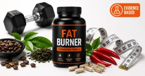 Fat burner supplement bottle with caffeine ingredients on white background