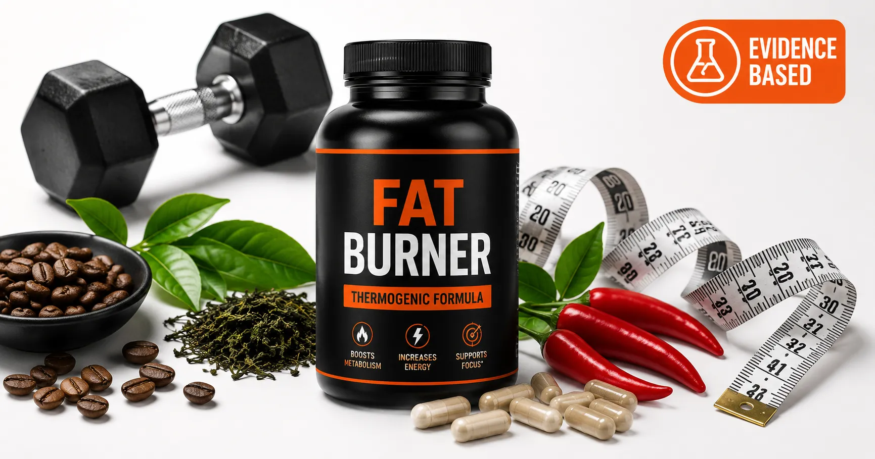 Fat burner supplement bottle with caffeine ingredients on white background