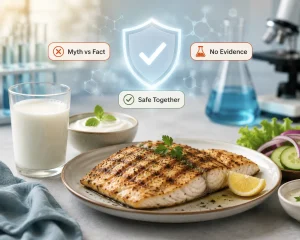Fish and milk served together with scientific myth-busting theme
