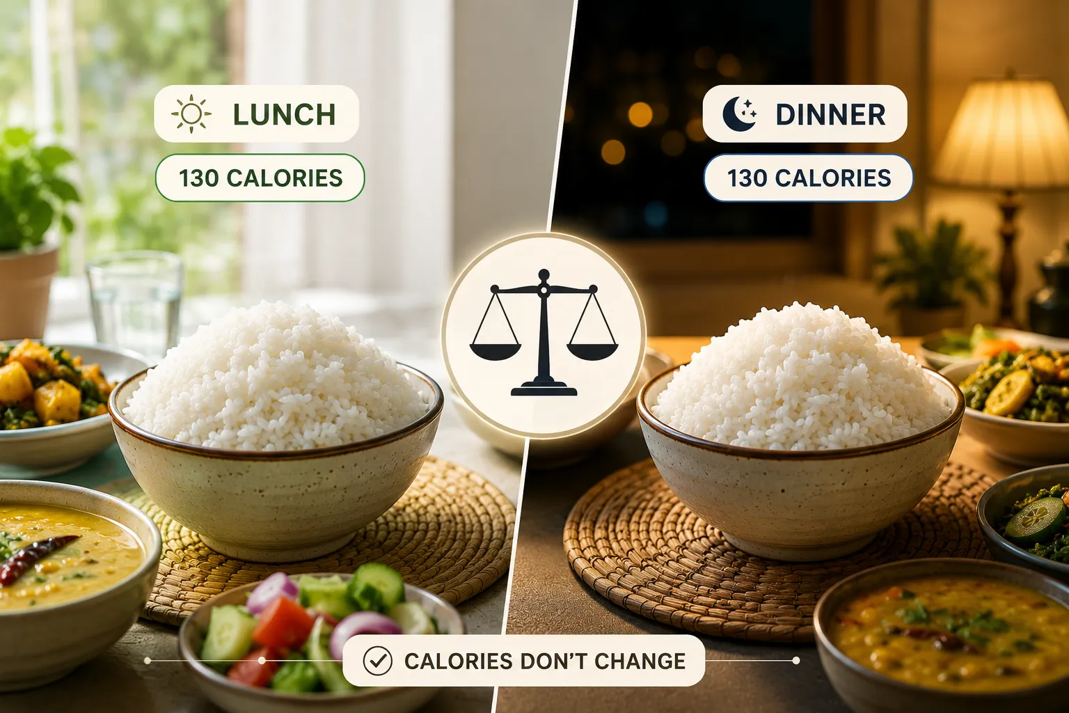 Rice served at lunch and dinner showing identical calorie content