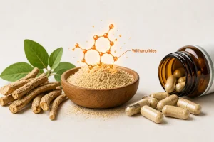 Ashwagandha root powder capsules and withanolides concept illustration