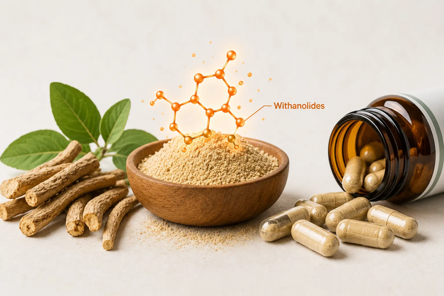 Ashwagandha root powder capsules and withanolides concept illustration