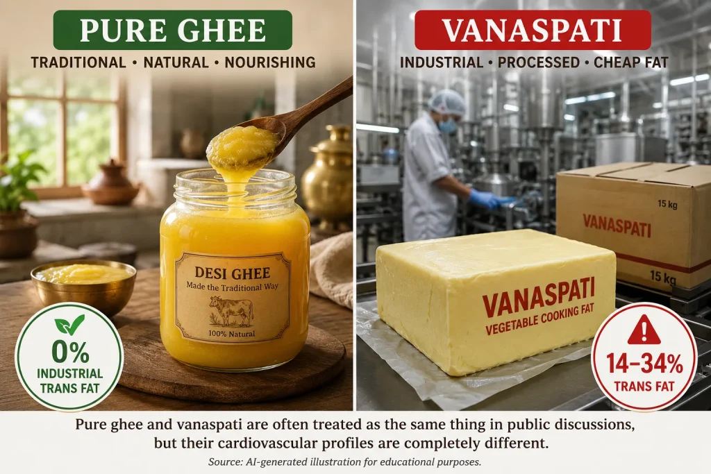 Pure desi ghee compared with industrial vanaspati cooking fat