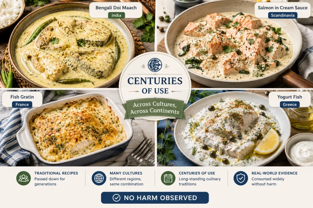 Traditional global cuisines combining fish and dairy safely