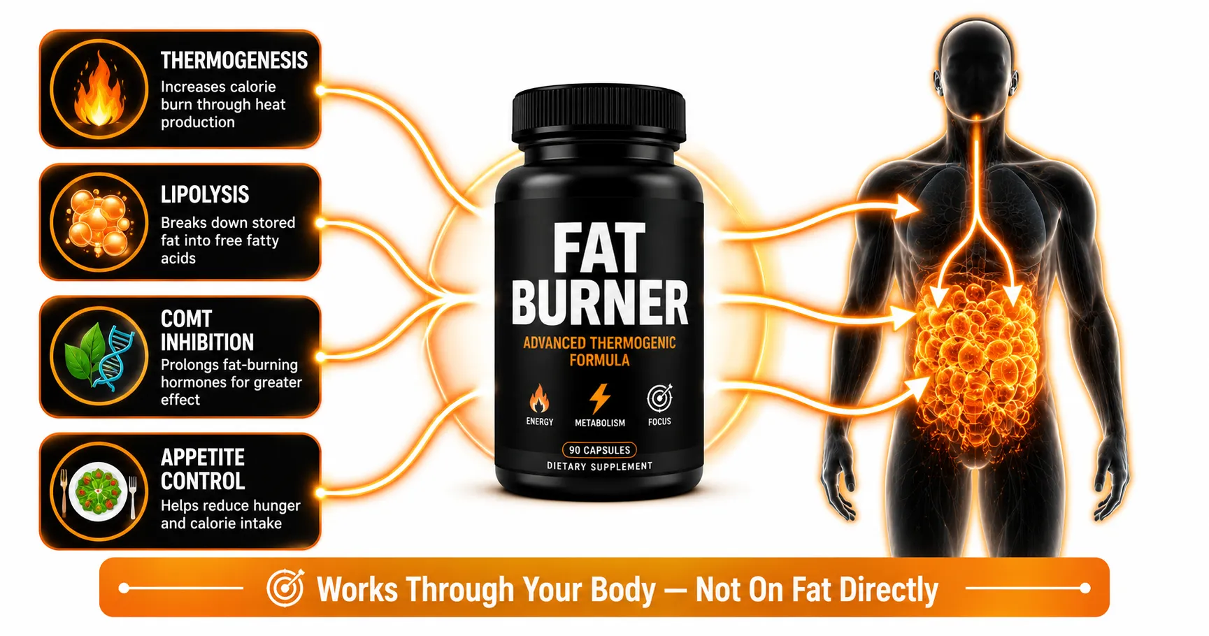 Illustration showing the four biological mechanisms used by fat burners