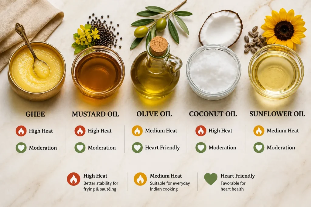 Ghee olive oil mustard oil coconut oil and sunflower oil compared