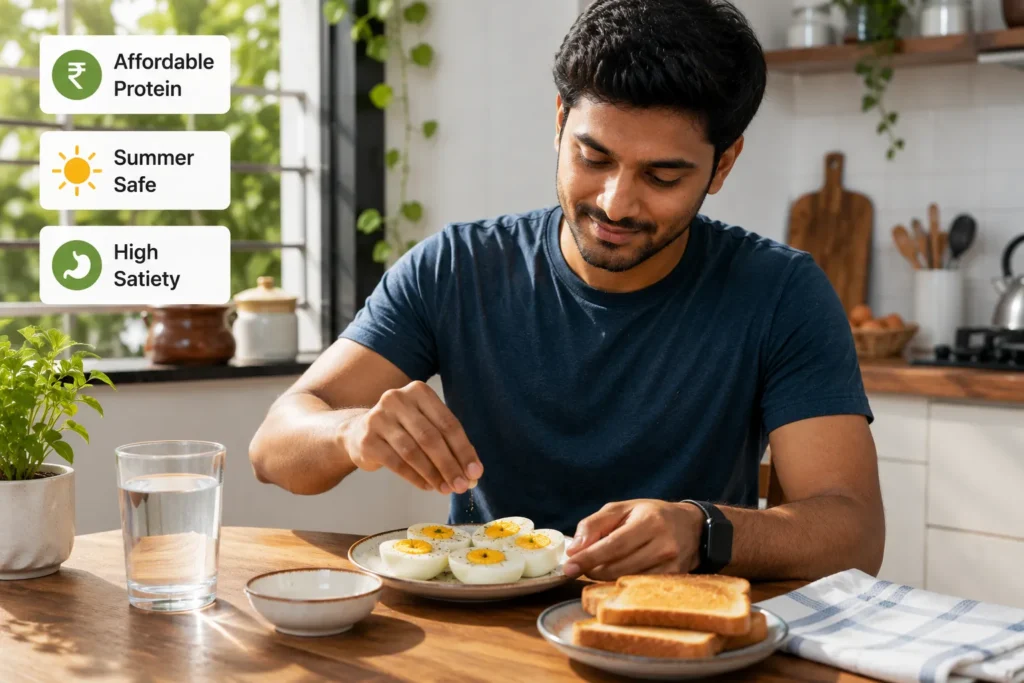 Indian breakfast with boiled eggs prepared for healthy daily protein intake