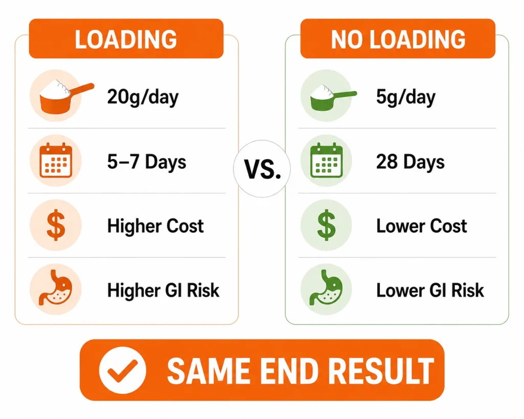 Creatine loading compared with no loading side by side