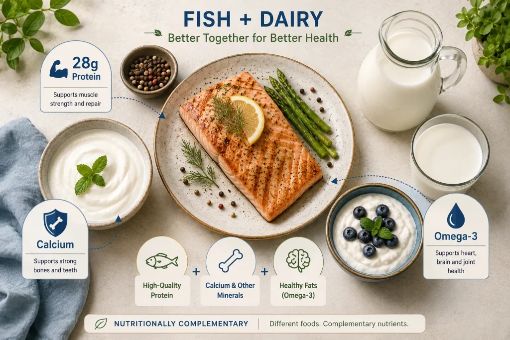 Fish and dairy providing protein calcium and omega-3 nutrients