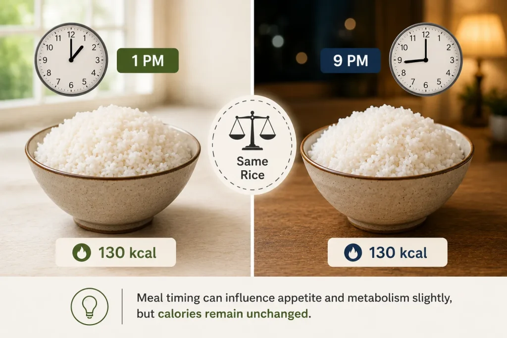 Rice calories remain the same regardless of meal timing