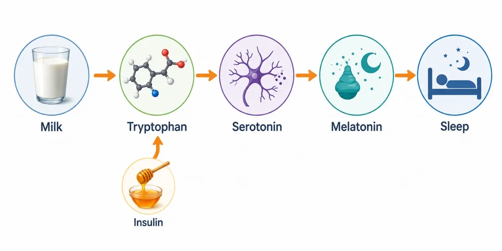 Tryptophan conversion pathway from milk to melatonin and sleep