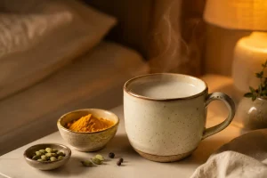 Warm milk before bed in ceramic mug beside spices