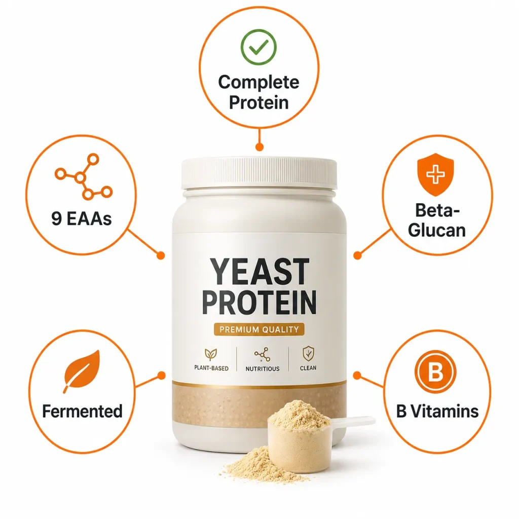 Key nutritional features of yeast protein supplement highlighted visually