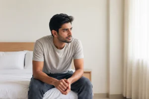 Young man sitting thoughtfully on bed with erectile dysfunction concerns
