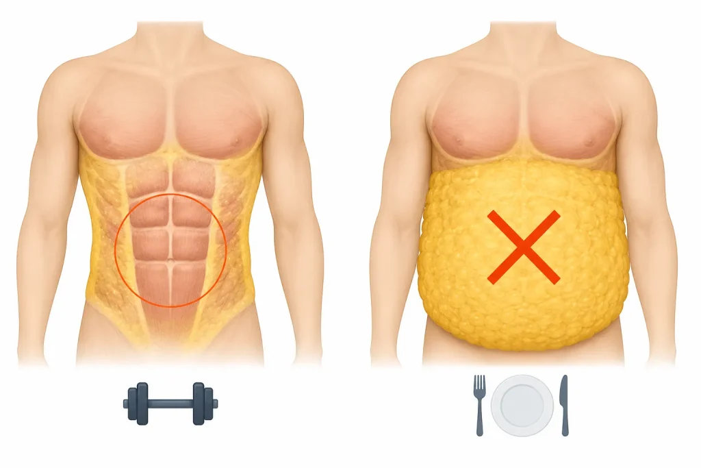 Side by side torso illustrations showing ab muscle and fat layer relationship